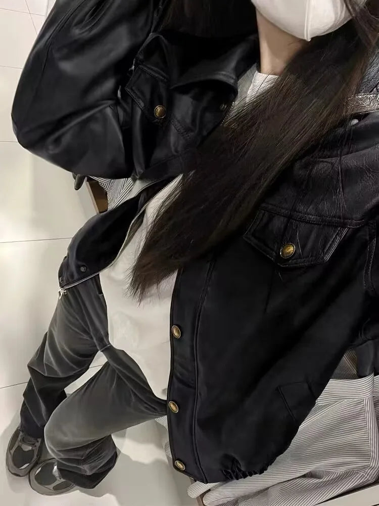 Pu Faux Leather Coat Women Casual Solid Jackets Long Sleeves Turn Down Collar Single Breasted Straight Streetwear 2025 Autumn