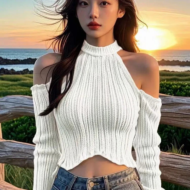 2025 Solid Elegant Off Shoulder Ribbed Crop Tops Autumn Fashion Casual Skinny Long Sleeve Camis Gentle Y2K Tight T-shirts
