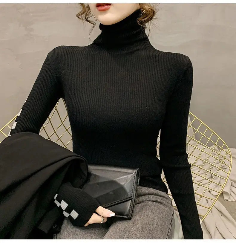 Pile Collar Plaid Bottoming Shirt Female New Autumn Winter Temperament All-match Sweater Interior Lapping Slim Turtleneck Tops