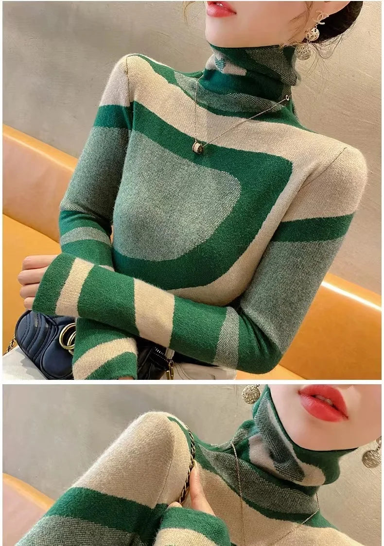 Women Clothing Fashion All-match Slim Knit Pullovers Autumn Winter Elegant Chic Geometric Patchwork Sweaters Office Lady Y2k Top