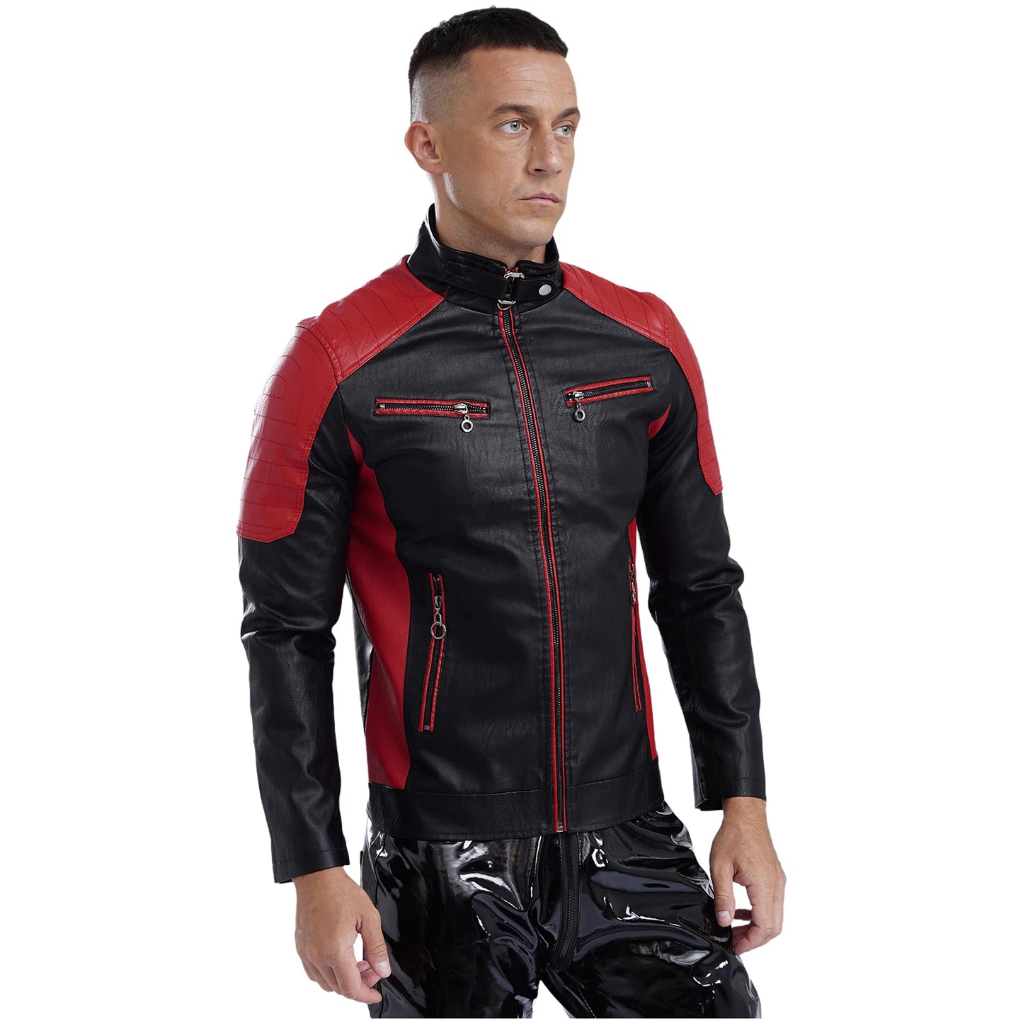 Mens Racing PU Leather Jackets Coat Long Sleeve Front Zipper Outerwear Windproof Motorcycle Biker Racer Bomber Jacket Streetwear