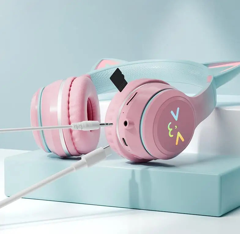 Gradient wireless Headphones RGB cute cat ear Bluetooth Earphones with microphone Stereo Music Game Earphone Girls Kids Gifts