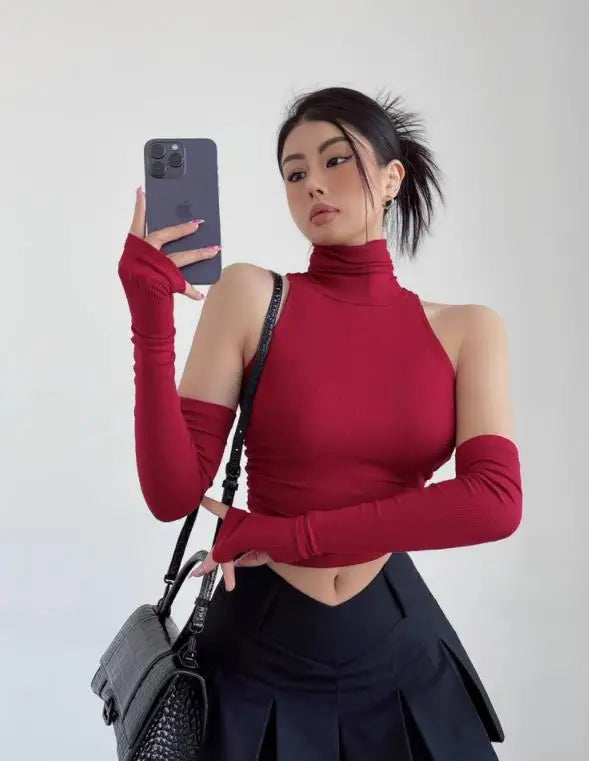 Spring Summer Top Sexy Tank Top Spicy Girl Sleeves High Neck Pleated Club Crop Top Women tshirt Skinny Streetwear Y2k Clothing