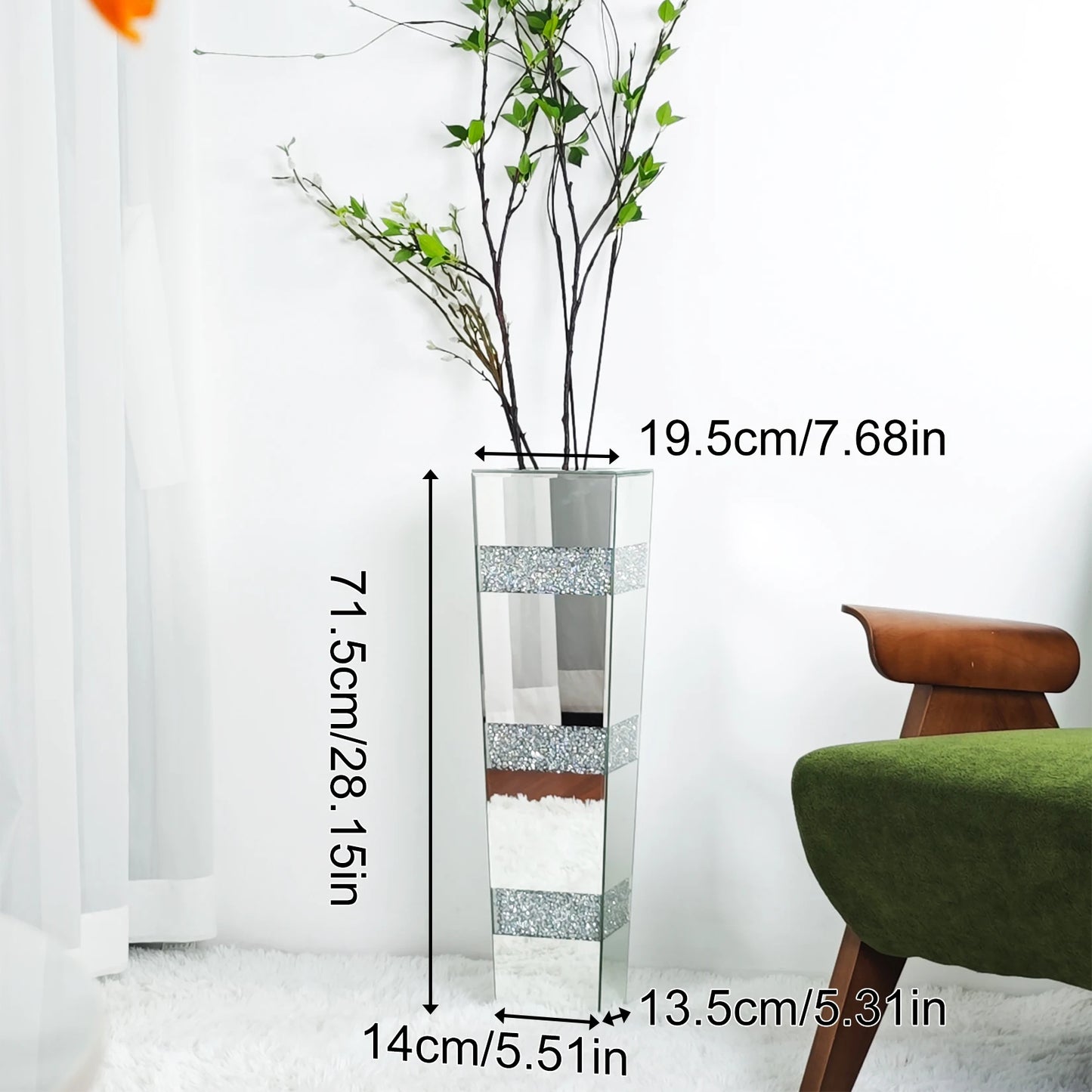 Tall Floor Mirror Vase, Large Crushed Diamond Glass Vase for Home Decor Modern Crystal Centerpiece for Living Room Wedding Hotel