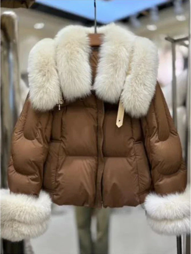 Natural Fox Fur Jacket Fashion Women Winter Luxury White Goose Down Jacket Thicken Female Casual Parkas Fur Collar Puffer Coat