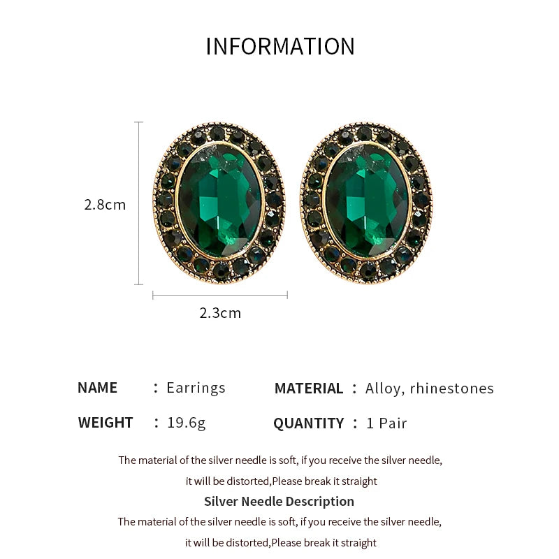 Vintage Green Geometric Rhombus Round Earrings Women Fashion Rhinestone Stud Earrings For Party Wedding Jewelry Accessories