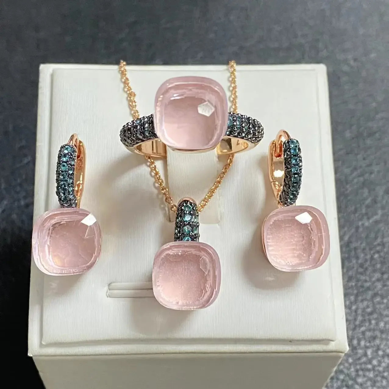 3Pcs Gun Black Plated Blue Zircon Jewelry Set for Women Includes Ring Earrings Necklace Elegant Crystal Blue Topaz Matching Gift