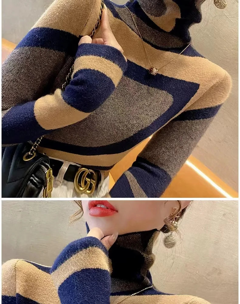 Women Clothing Fashion All-match Slim Knit Pullovers Autumn Winter Elegant Chic Geometric Patchwork Sweaters Office Lady Y2k Top