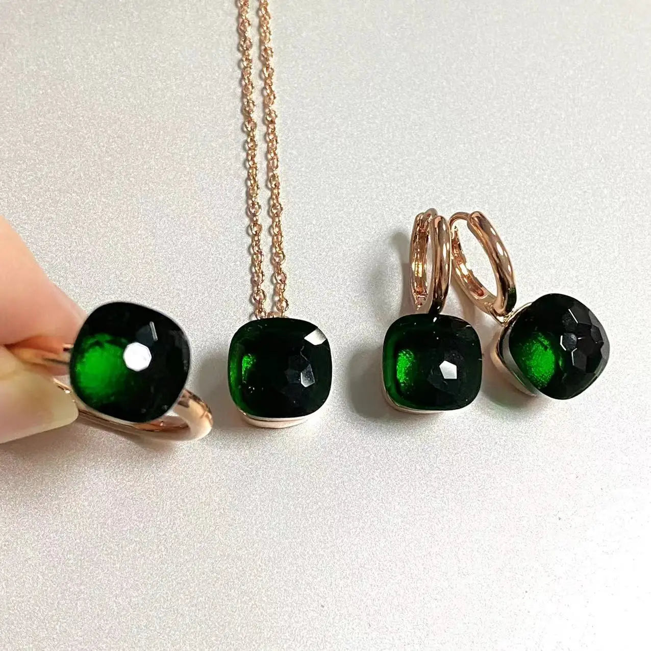 3Pcs/Set Women Ring Earrings Necklace Jewelry Set 34Colors Pink Crystal Jewelry Set Rose Gold Plated Jewelry