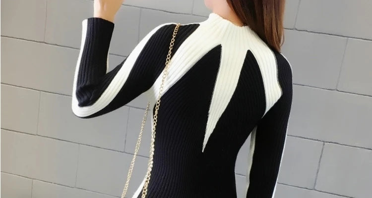 Autumn Winter Turtleneck Contrasting Colors Spliced Sweaters Female Fashion Office Lady Warm Knitted Jumpers Women's Clothing