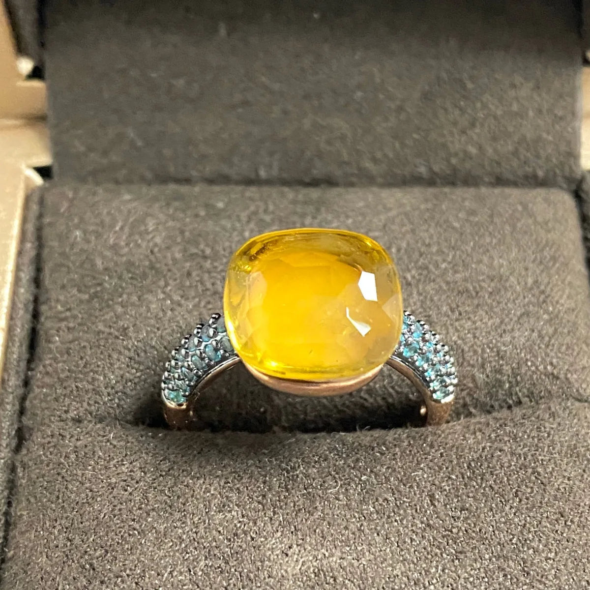 Blue Topaz Ring Inlay Black Zircon With Black Gun Plated 12.6mm Flat Crystal Ring For Women Party Fashion Jewelry Gift