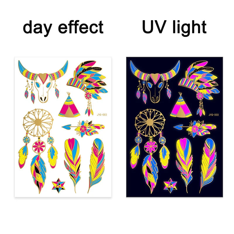 Luminous Temporary Tattoos Stickers Fluorescent Neon In Dark Illuminate Tattoo Elephant/Love Heart Shoulder Tattoo Party Sticker