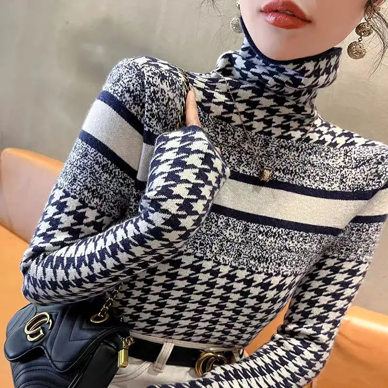 Autumn Winter Vintage Fashion Slim Turtleneck Turtleneck Women Clothing Elegant Chic Long Sleeve Knit Pullovers Lady Sweet Tops