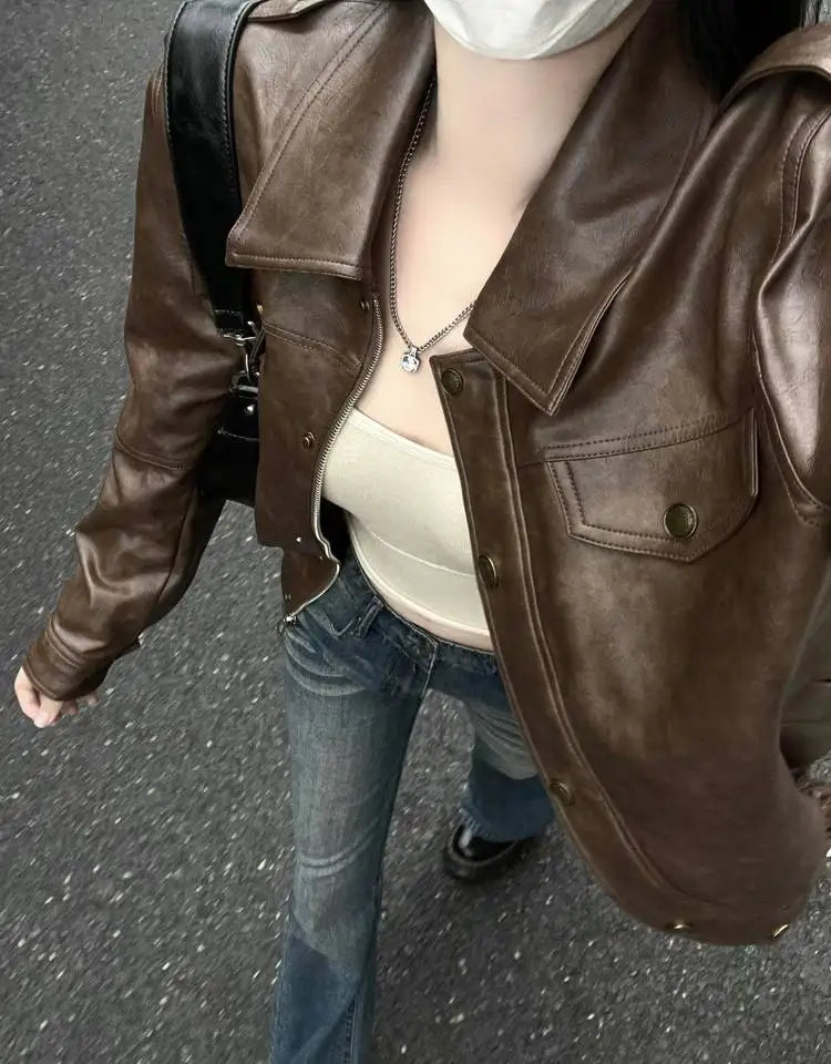 Pu Faux Leather Coat Women Casual Solid Jackets Long Sleeves Turn Down Collar Single Breasted Straight Streetwear 2025 Autumn