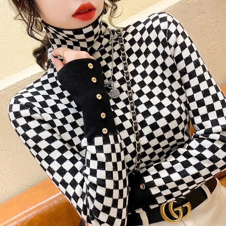 Women's Clothing Elegant Fashion Plaid Knit Pullovers Autumn Winter Vintage All-match Long Sleeve Patchwork Sweater Lady Y2k Top