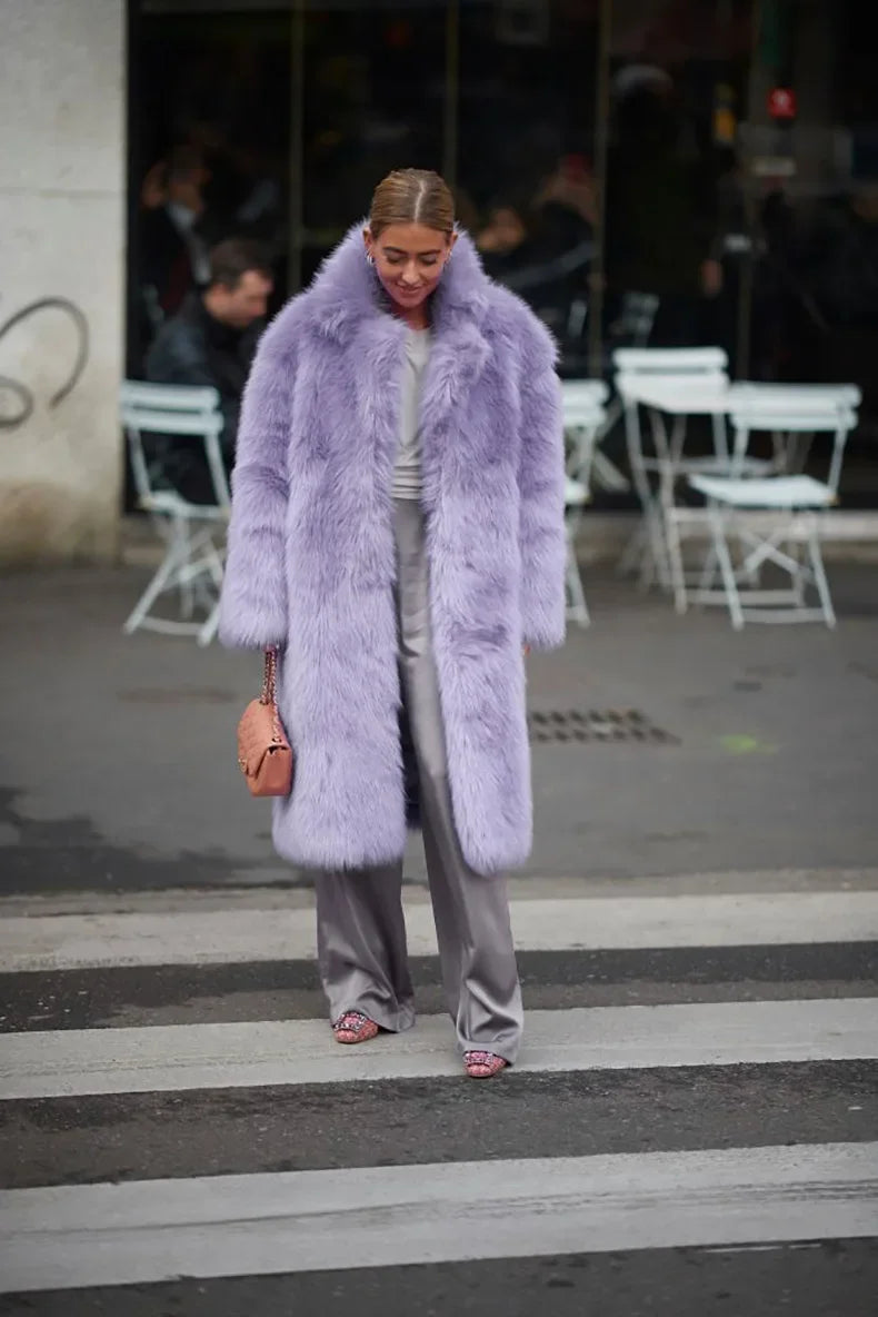 Women  Thick Faux Fur Jacket Colorblock Autumn Winter Maxi Coat Long Warm Luxury Fur  Outerwear