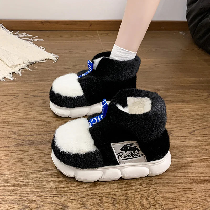 2025 Women's Winter Warm Shoes Plush Lining Indoor Slippers Couples Platform Heel High Top Snow Boots Female Male Home Slipper