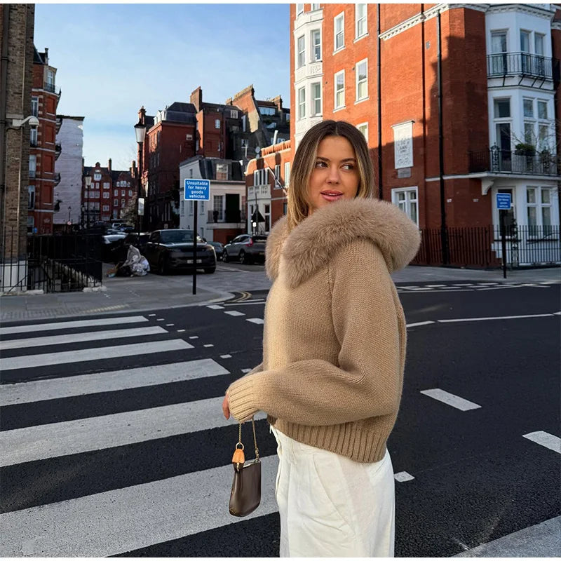 2025 Autumn Casual Fur Collar Sweater Coat Women's Solid Loose Long Sleeve Zippers Pullover New Ladies Fashion Office Tops