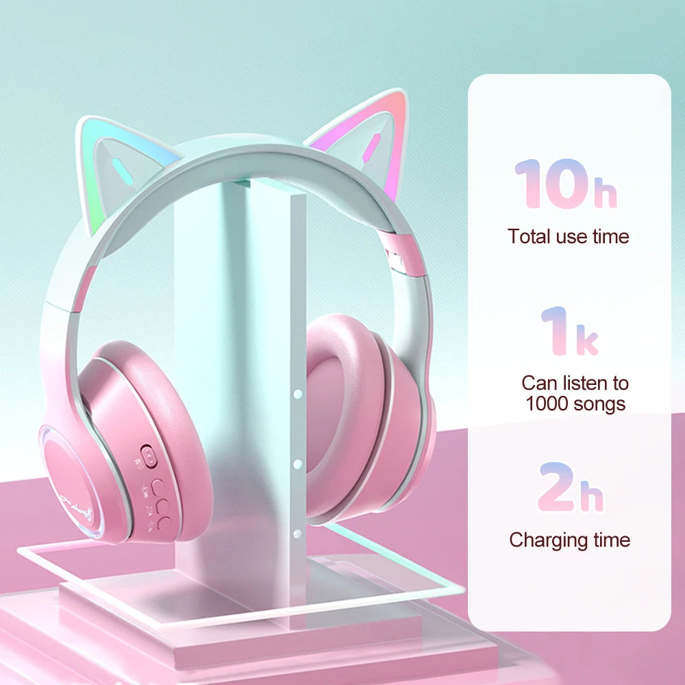 Gradient Wireless Headphones RGB Cat Ear Bluetooth Headphones With Microphone Stereo Music Game Earphone For Girls Kids Gifts