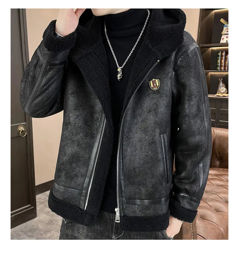 Autumn and winter fur one-piece thickened and fleece jacket for men and teenagers, gold embossed suede thickened warm jacket