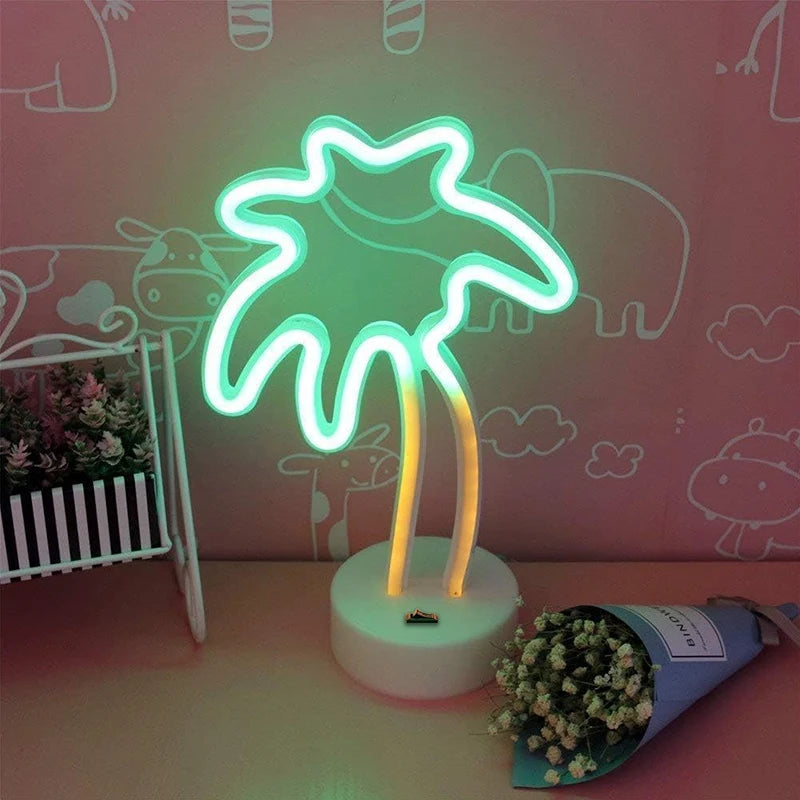 Coconut Palm Tree Neon Signs Light with Holder Base LED Table Lamp Battery/USB Powered Palm for Home Christmas Party Decoration