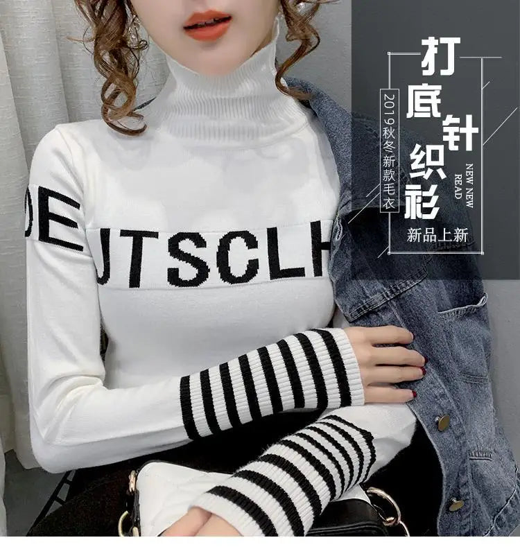 Turtleneck Pullovers Femme Autumn Winter Interior Lapping Fashionable Slim Bottoming Shirt Letter Knitting Sweater Striped Tops