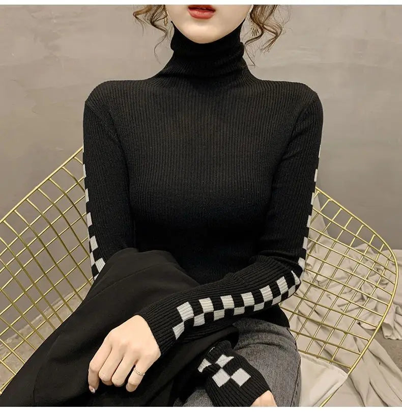 Pile Collar Plaid Bottoming Shirt Female New Autumn Winter Temperament All-match Sweater Interior Lapping Slim Turtleneck Tops