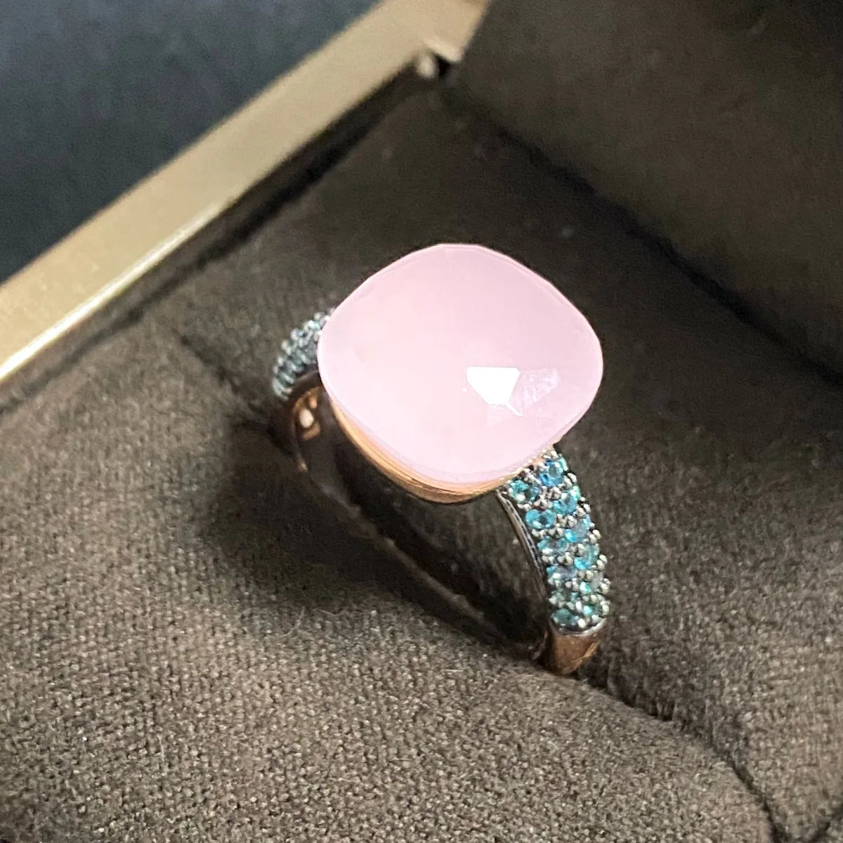 Blue Topaz Ring Inlay Black Zircon With Black Gun Plated 12.6mm Flat Crystal Ring For Women Party Fashion Jewelry Gift