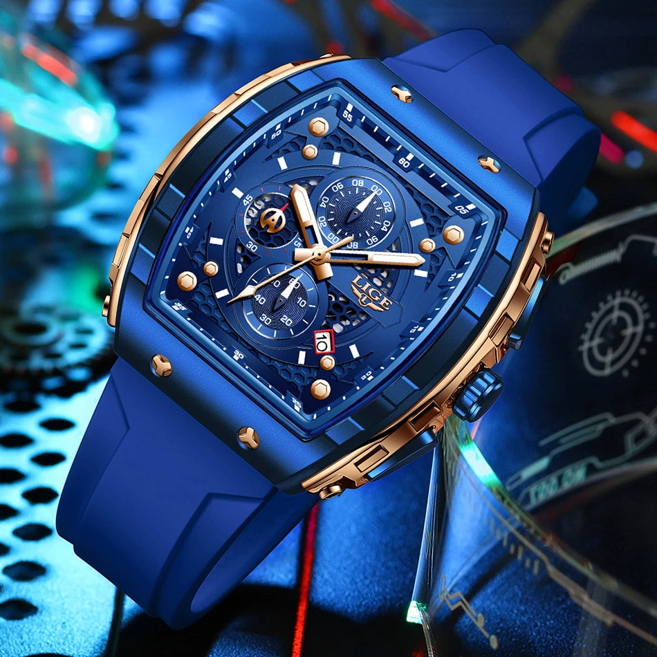 LIGE Waterproof Watches For Men Original Brand Luxury Silicone Square Men's Quartz Wristwatch Fashion Military Chronograph Male