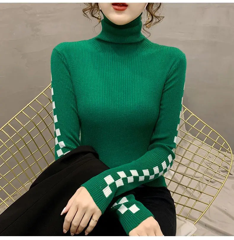 Pile Collar Plaid Bottoming Shirt Female New Autumn Winter Temperament All-match Sweater Interior Lapping Slim Turtleneck Tops