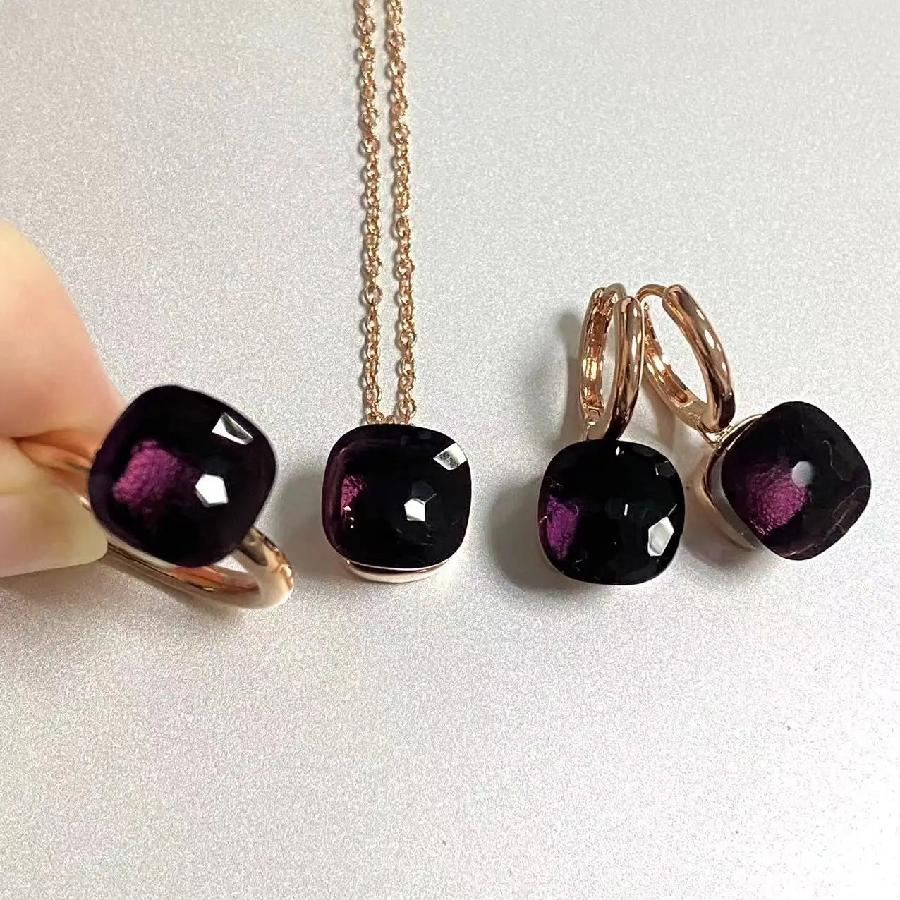 3Pcs/Set Women Ring Earrings Necklace Jewelry Set 34Colors Pink Crystal Jewelry Set Rose Gold Plated Jewelry