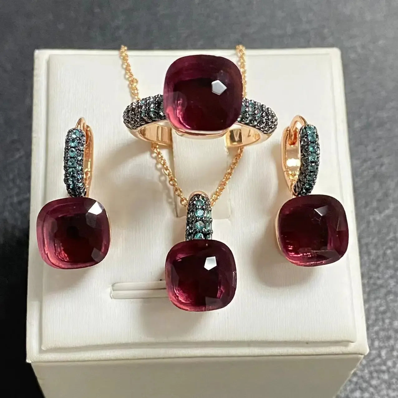 3Pcs Gun Black Plated Blue Zircon Jewelry Set for Women Includes Ring Earrings Necklace Elegant Crystal Blue Topaz Matching Gift