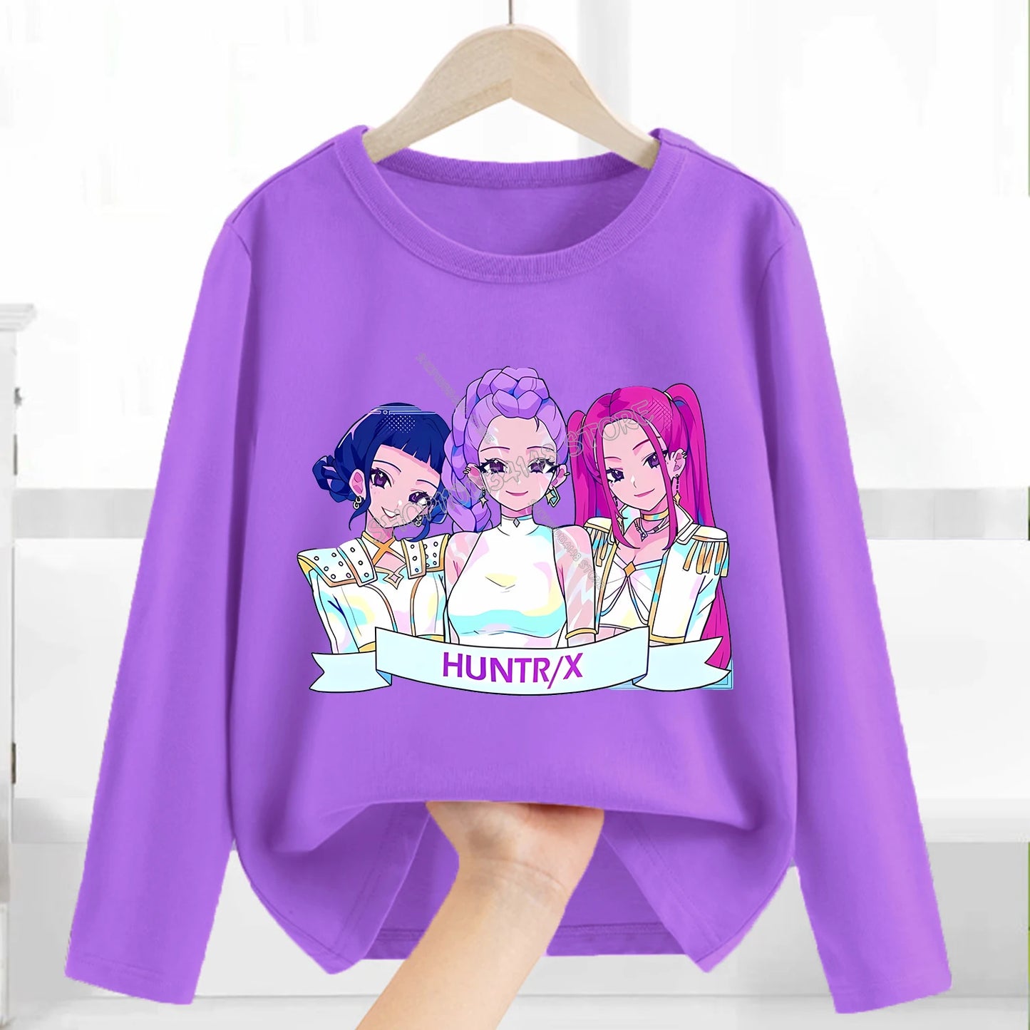 Kpop Demon Hunters Long Sleeve for Children Cartoon A-Z Letter Clothing Kids Purple Caftan Clothes Girl Round Collar Blouse Gift