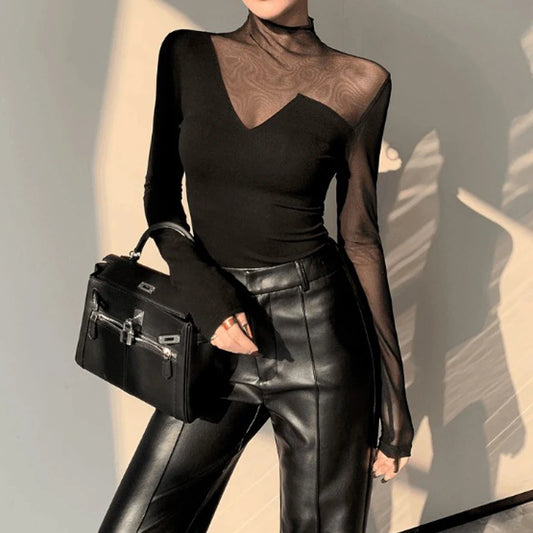 Women Korean Fashion Sexy See Through Mesh Patchwork Basic T-shirt Office Lady Black Elegant Long Sleeve Slim Tops Ropa De Mujer