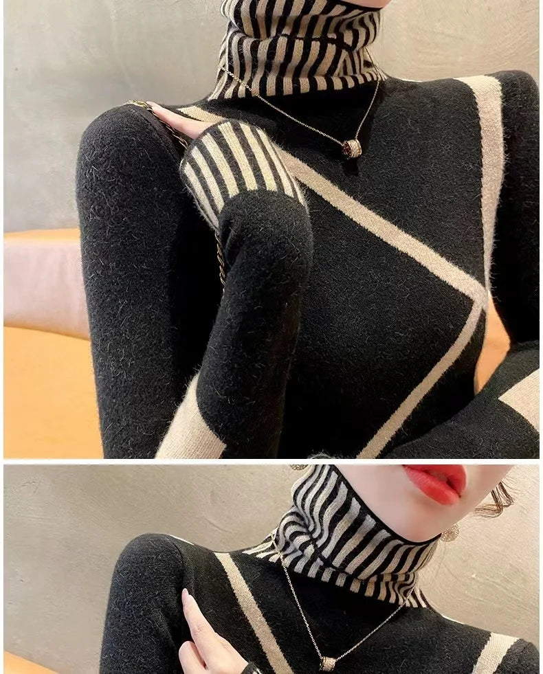 Women's Clothing Fashion All-match Turtleneck Long Sleeve Sweaters Autumn Winter Elegant Chic Slim Knit Pullovers Lady Y2k Tops