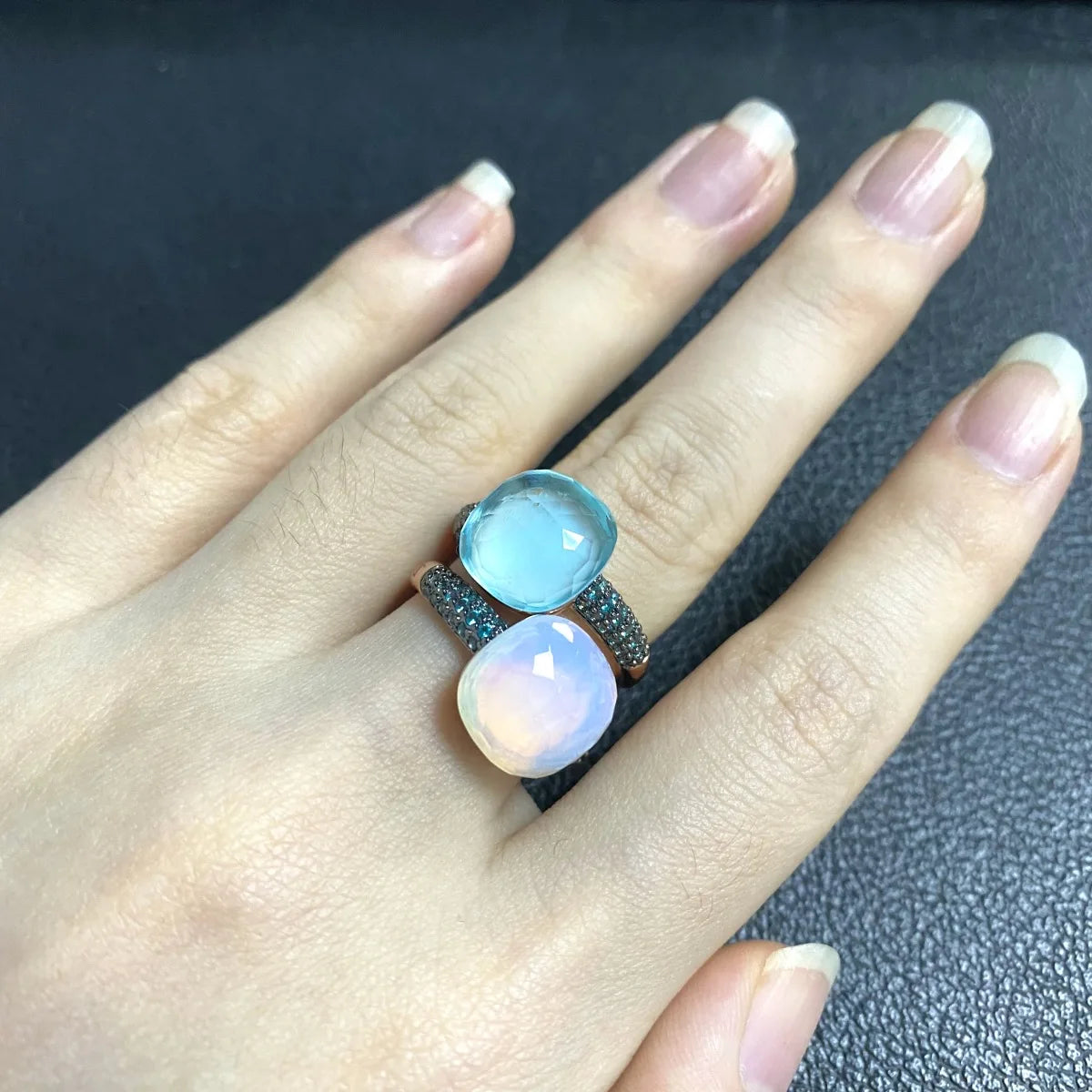 Blue Topaz Ring Inlay Black Zircon With Black Gun Plated 12.6mm Flat Crystal Ring For Women Party Fashion Jewelry Gift