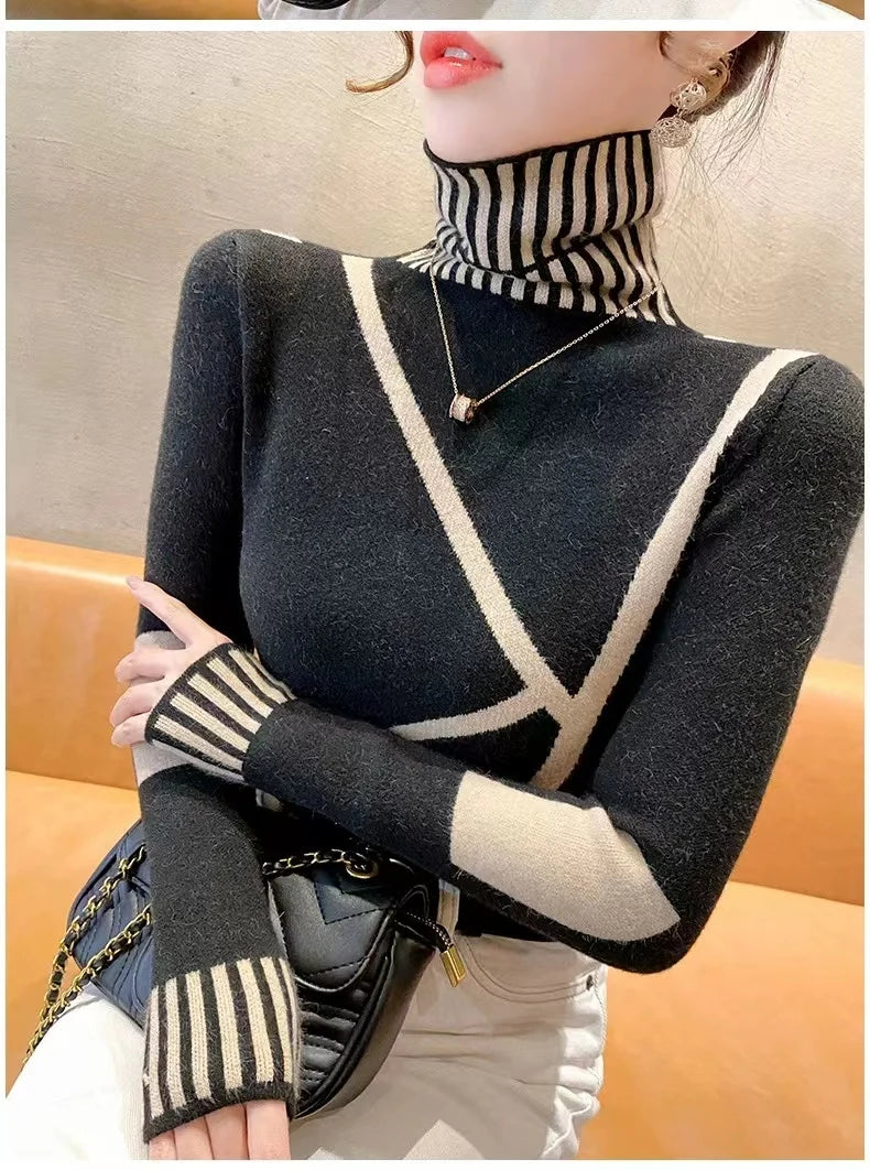 Women's Clothing Fashion All-match Turtleneck Long Sleeve Sweaters Autumn Winter Elegant Chic Slim Knit Pullovers Lady Y2k Tops