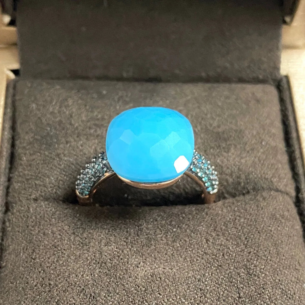 Blue Topaz Ring Inlay Black Zircon With Black Gun Plated 12.6mm Flat Crystal Ring For Women Party Fashion Jewelry Gift