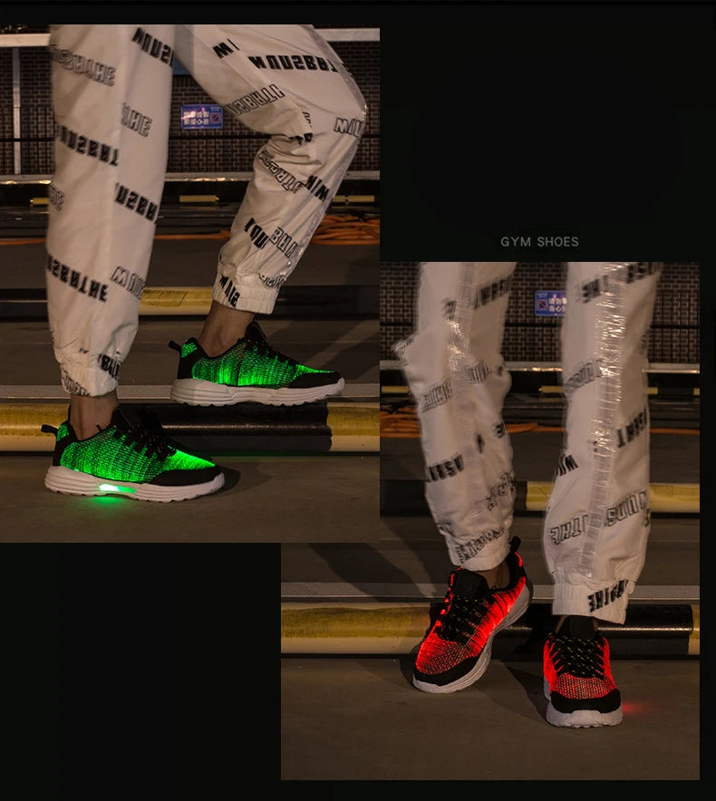 Men Fashion LED Shoes Light Up Sneakers USB Recharging Fiber OPTIC Cloth Elastic Sole Glowing Luminous Flashing Casual Shoes