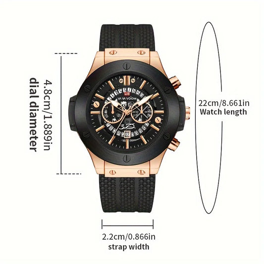 Black Silicone Mens Hand 46mm Hollowed Out Large Dial Rose Gold Fashionable Military Style Original Quartz Movement Sports Watch