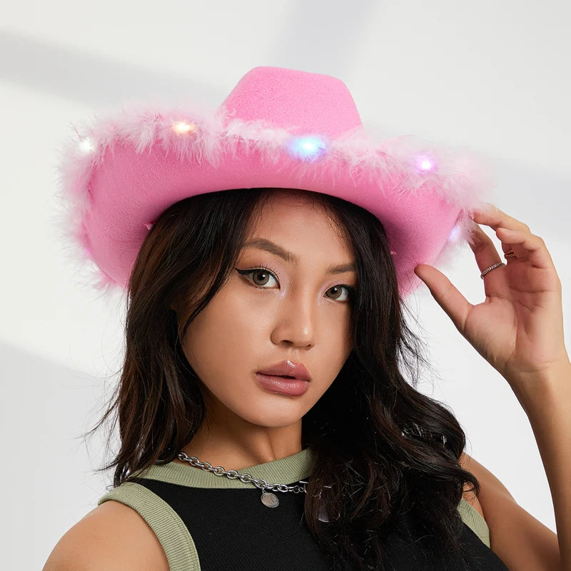 2024 New Felt Party Hats Fashion Cowboy Hat with Colorful LED Light Fun Party Disco Pink Cowgirl Hat for Women Men