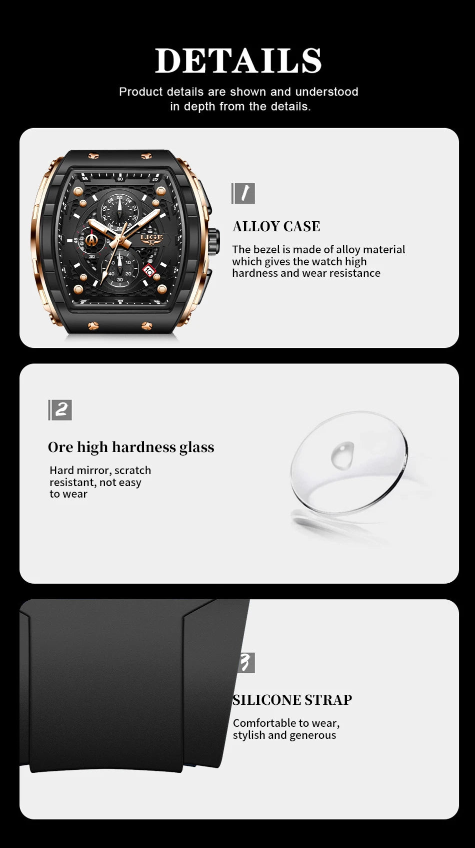 LIGE Waterproof Watches For Men Original Brand Luxury Silicone Square Men's Quartz Wristwatch Fashion Military Chronograph Male