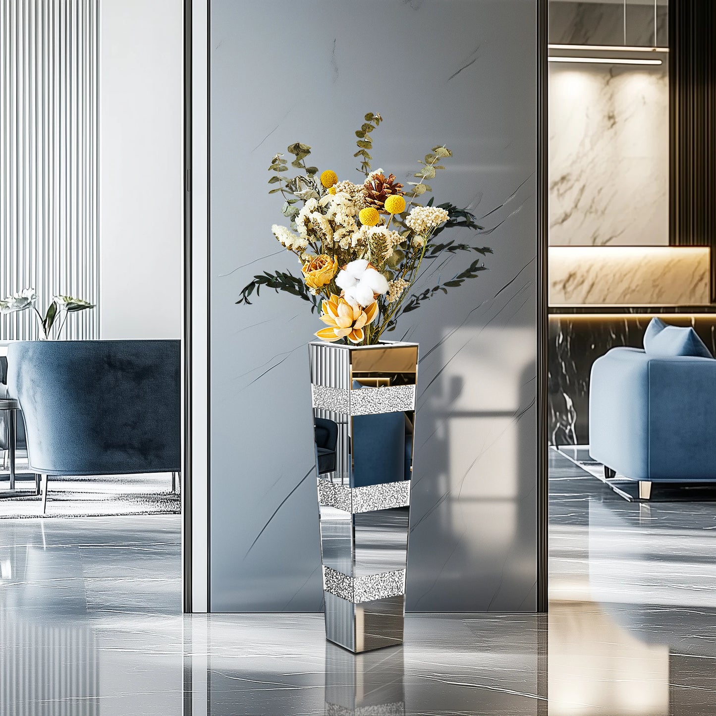 Tall Floor Mirror Vase, Large Crushed Diamond Glass Vase for Home Decor Modern Crystal Centerpiece for Living Room Wedding Hotel