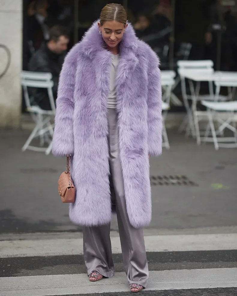 Women  Thick Faux Fur Jacket Colorblock Autumn Winter Maxi Coat Long Warm Luxury Fur  Outerwear