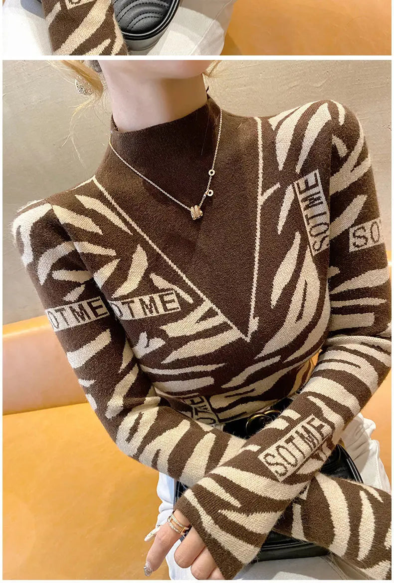 Autumn Office Lady Patchwork Knitting Turtleneck Long Sleeve Pullovers Women Clothes Fashion Letter Slim Top Tee Ladies Sweater