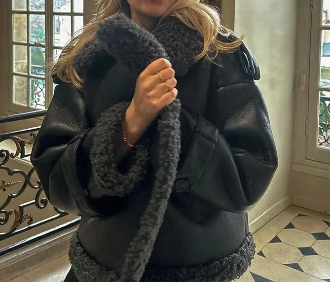 Faux Fur Leather Long Jacket Women Lapel Long Sleeve Belt Thicken Female Coats Winter Fashion Street Patchwork Lady Outwear