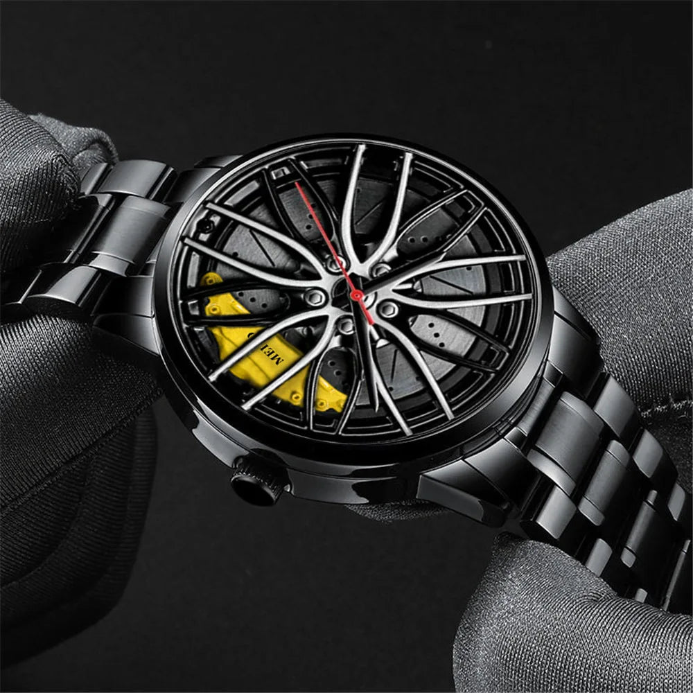 New Fashion Man Luxury Watches For Men Car Wheel Hub Stainless Steel Quartz Watch Mens Military Sport Leather Watch Reloj Hombre