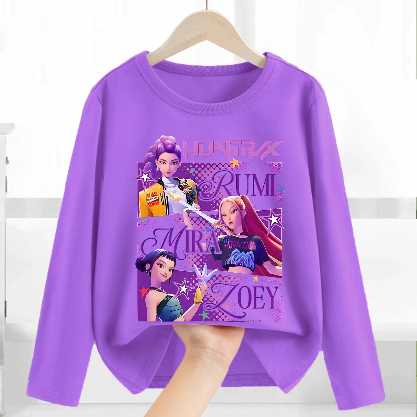 Kpop Demon Hunters Long Sleeve for Children Cartoon A-Z Letter Clothing Kids Purple Caftan Clothes Girl Round Collar Blouse Gift