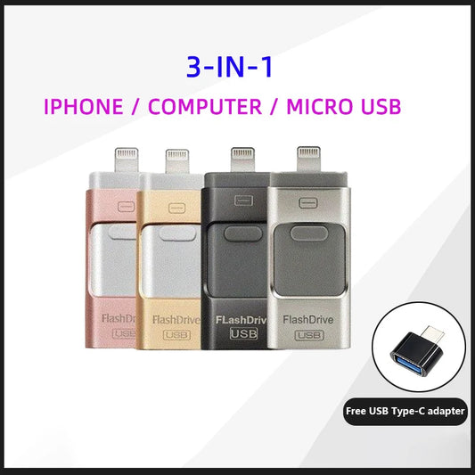3-in-1 2TB Mobile Phone Usb Flash Drive 64g Push-pull Suitable For Apple Usb Flash Drive Large Capacity Android Computer Gift