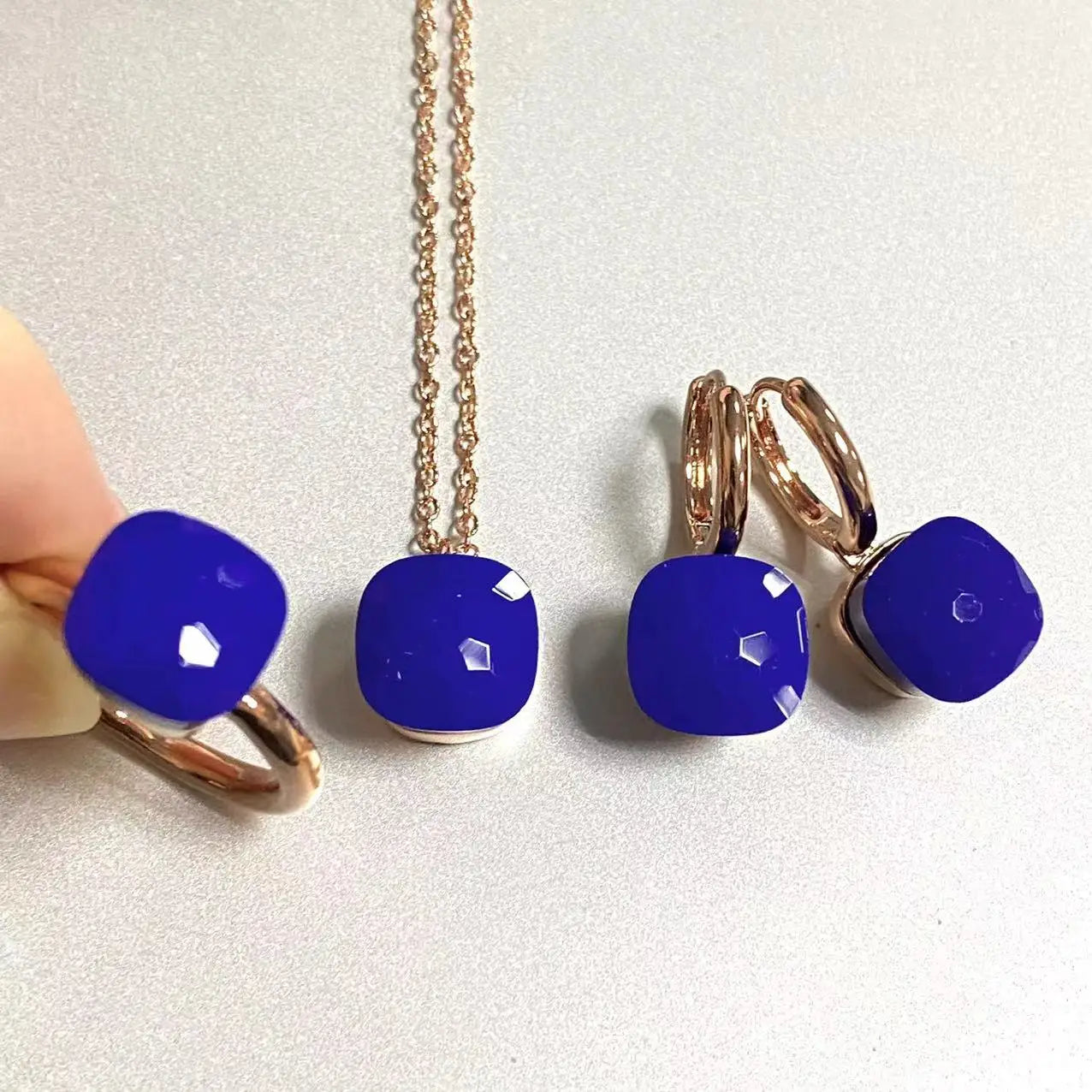 3Pcs/Set Women Ring Earrings Necklace Jewelry Set 34Colors Pink Crystal Jewelry Set Rose Gold Plated Jewelry